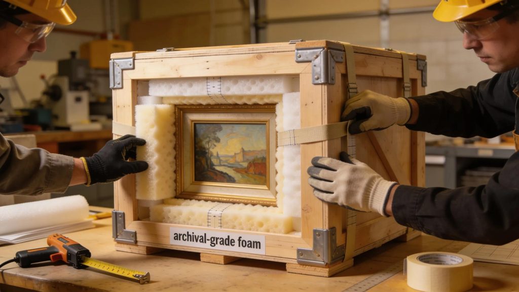 Art handlers constructing a custom crate for valuable artwork with protective cushioning