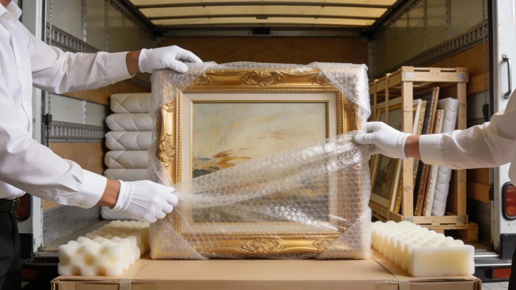 Expert art handlers securing fine art with bubble wrap and cushioning for safe transport