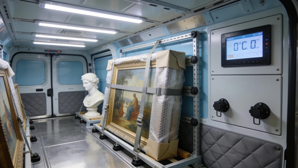 Interior of a climate-controlled transport vehicle for fine art logistics showcasing careful arrangement